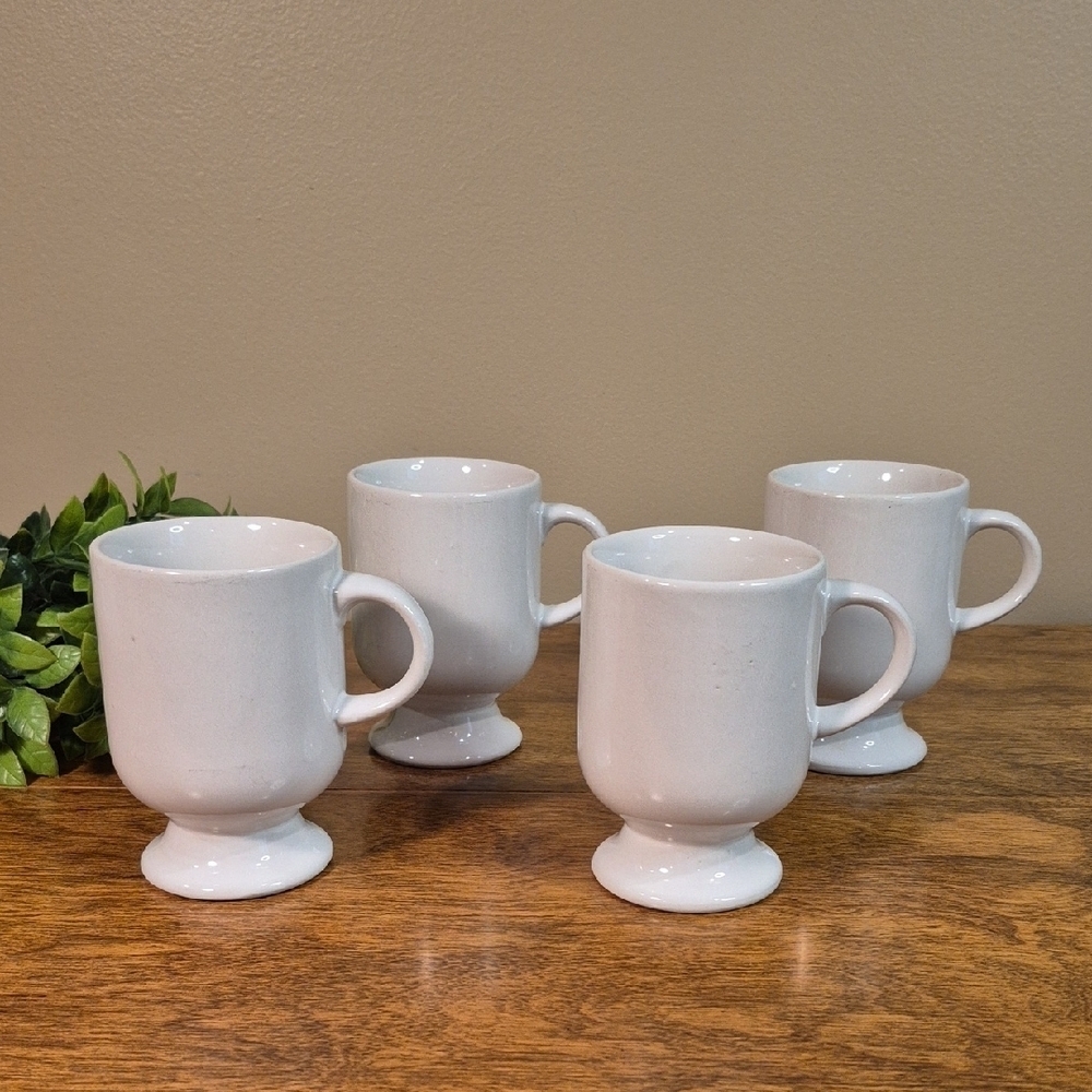 FESTIVAL GRES STONEWARE Vintage White Ceramic Footed Mugs, Set of 4